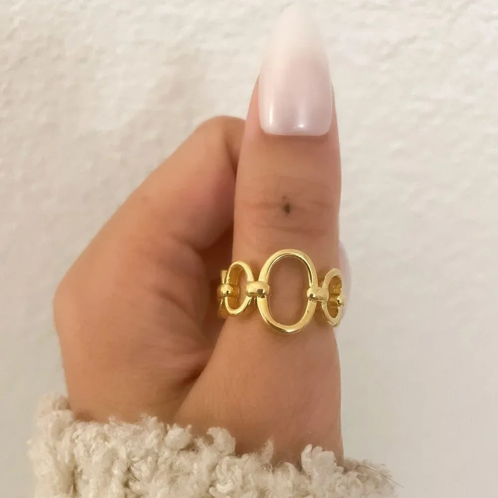925 Sterling Silver Gold Oval Ring Modern Round Ring Band Boho Ring